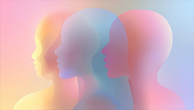 Silhouettes of three translucent human profiles blend with pastel hues