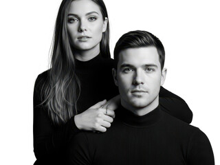 Young couple posing together in black outfits against a transparent background