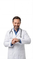 Fototapeta premium Smiling Doctor Checking Watch on White Background