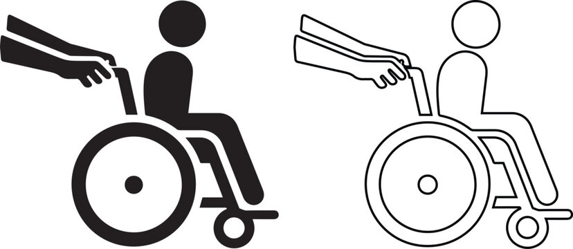 Disabled wheelchair icon and caregiver assistance vector set. Handicap accessibility symbol and patient transport sign. Black silhouette and outline design for medical support.