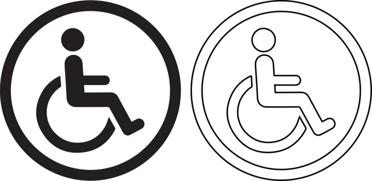 Disabled wheelchair icon and handicap accessibility symbol vector set. Medical sign for invalid people access. Black silhouette and outline design isolated for parking or toilet signage.