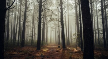 Obraz premium Misty Forest Pathway Surrounded by Tall Trees and Green Foliage