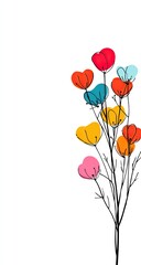 Colorful heart-shaped flowers grow on thin, black stems against a white backdrop