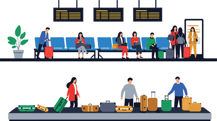 Airport waiting area and baggage claim carousel set with passengers sitting on chairs and collecting luggage in flat style © NURUL