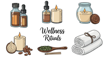 Wellness ritual icons, spa elements, candles, essential oils, towels, herbs, for wellness or self-care website, banner, or social media, isolated on transparent background, png
