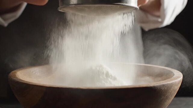 Sifting Flour into Wooden Bowl, home baking concept