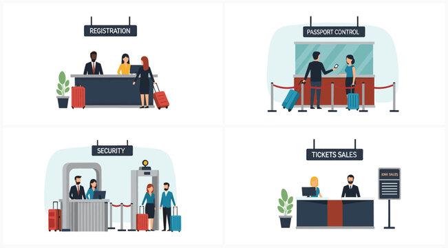 Airport terminal service set with registration desk passport control security check and ticket sales counter in flat vector style