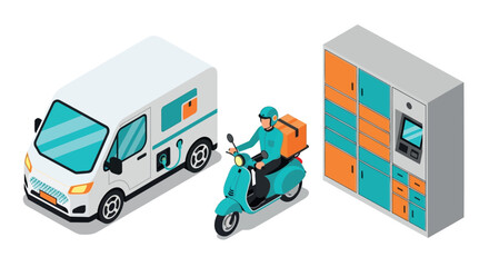 Delivery services, courier on scooter with parcel locker or automated delivery box, van for logistics or transportation, Isolated on transparent background, png