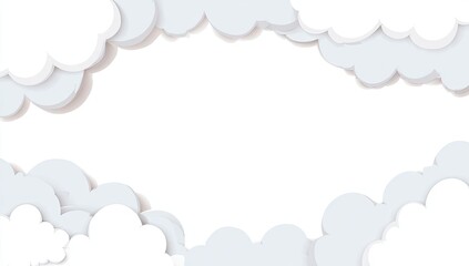 Fototapeta premium Cartoon-style fluffy clouds framing a white space against a white background