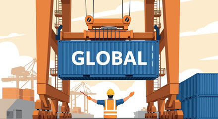 Vector illustration of global shipping container with crane and worker, for logistics or transportation concept, banner or poster