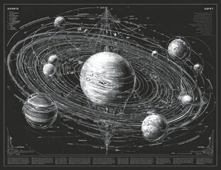 Artistic diagram of celestial bodies, orbit paths, and interconnected cosmic elements in black/white