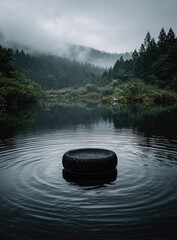 A dark, circular object sits in calm, reflective water, set against a foggy, forested landscape