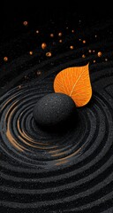 Zen garden scene dark gray stone, orange leaf, swirling sand, with orange orbs