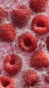 Bubbly pink liquid with floating fresh raspberries, covered in effervescent bubbles, creating a vibrant and refreshing appearance. The texture of the raspberries is detailed and vivid