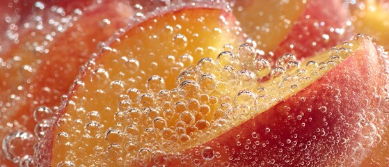 Juicy peach slices submerged in sparkling water are covered in tiny bubbles, capturing the vibrant colors and textures. The refreshing and appetizing scene emphasizes freshness