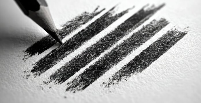 Close-up of pencil creating parallel charcoal strokes on textured white paper