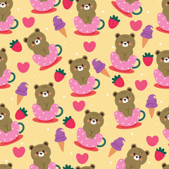 Obraz premium cute seamless pattern hand drawn cartoon bear inside pink cup. cute bear with ice cream and strawberry. animal background pattern