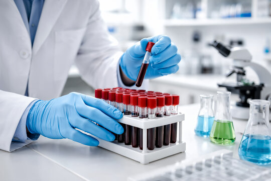 Close-up of hands in blue gloves holding test tubes with blood samples in a clinical analysis laboratory. Laboratory technician handling test tubes with blood samples in a clinical medical diagnostic 