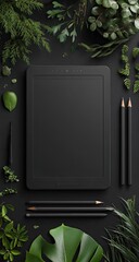 Black tablet centered on dark background, surrounded by pencils and lush green foliage