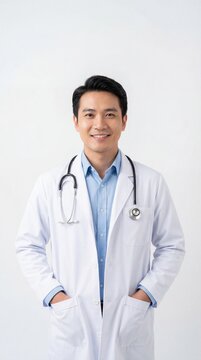 Professional Asian Doctor Smiling on White Background