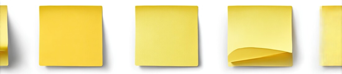 Several yellow square adhesive notes, some detached or partially peeled, on white