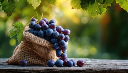 Ripe purple grapes spill from a burlap sack onto a weathered wooden table with leafy background