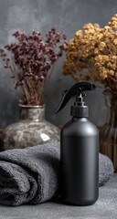 Black spray bottle with dried flowers, rolled towel, and vases on a grey surface