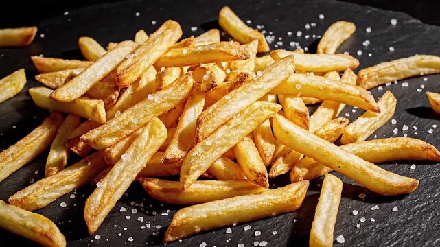 Golden French Fries on Dark Surface, fast food concept
