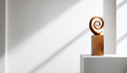 A wooden sculpture, a swirl atop a rectangular base, is displayed on a white plinth