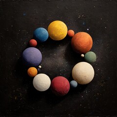 Colorful spheres artfully arranged in a circular pattern against a starry black canvas
