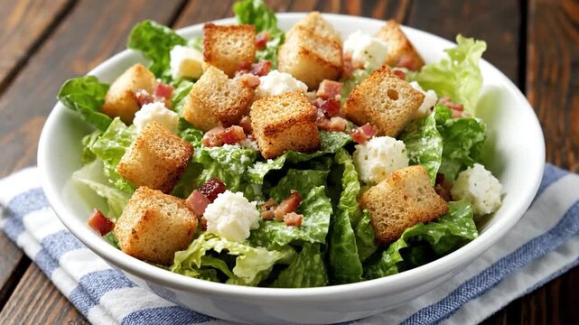 A close-up view of a caesar salad in a white bowl, resting on a wooden table