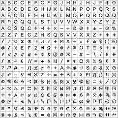 Large collection of minimalist black alphabet letters, numbers, and symbols in a grid layout.