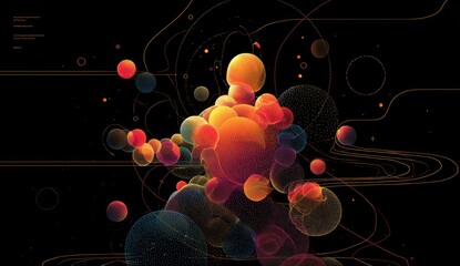 Abstract, vibrant cluster of translucent spheres and flowing lines against a dark backdrop