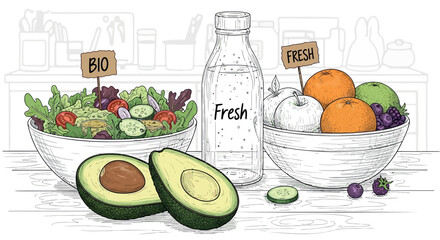 Vector illustration of fresh bio food, salad bowl, fruit bowl, and a bottle of fresh water, for healthy eating or wellness concept, Isolated on transparent background, png