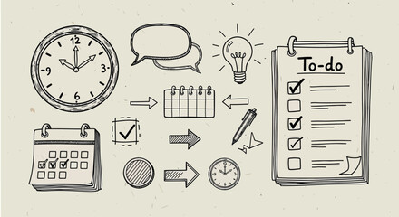 Hand-drawn to-do list icons, including clock, calendar, and checklist, for planning or organization, isolated on beige background, png