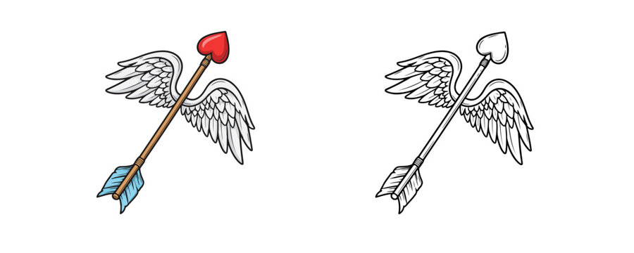 Wooden cupid arrow with red heart tip and white wings in cartoon style for Valentine day decorations or romantic wedding graphic elements on white background
