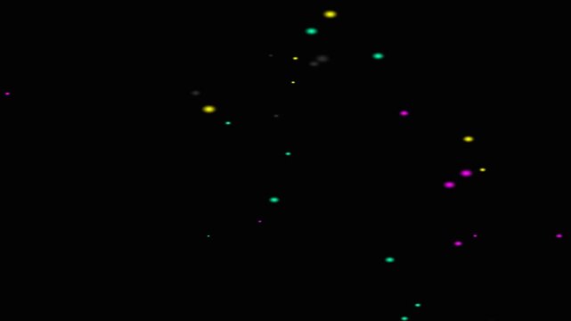 A dark starry background sprinkled with colorful dots resembling distant stars