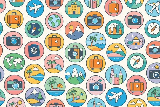 Cute Travel Icons Seamless Pattern - Vacation and Adventure Theme