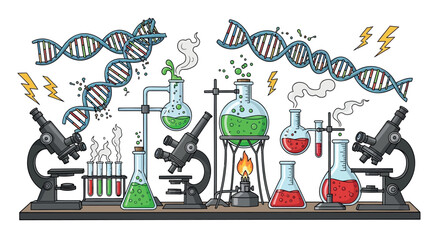 Vector illustration of laboratory equipment with DNA helices and lightning bolts, science or biology concept for banner or poster