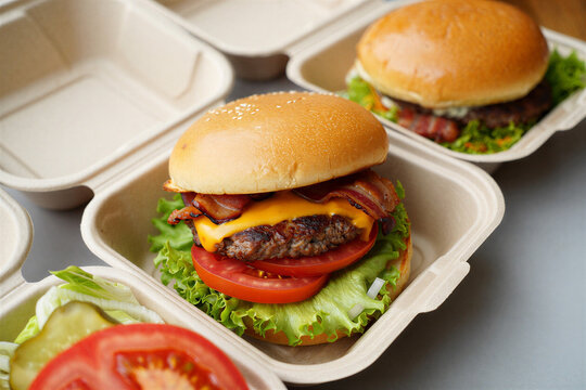 Delicious gourmet bacon cheeseburger served in a disposable ecofriendly takeout container with fresh ingredients