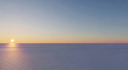Obraz premium Sun setting over vast ocean horizon, serene and tranquil, golden orange light with soft blue and purple hues, minimalist wide panoramic view, ideal for peaceful nature backgrounds.