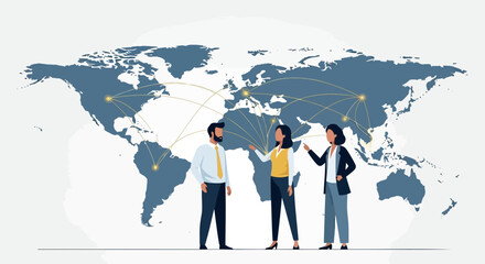 Vector illustration of diverse business people interacting in front of a world map with connections, for global marketing or presentation