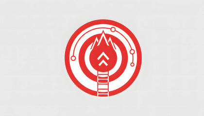 Modern red circular emblem featuring a stylized flame over a ladder with upward arrows and surrounding circuit lines on a light grey background