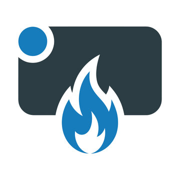 Vector graphic of a blue flame icon with a dark background and white accents