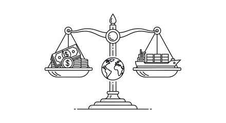 Vector illustration of balance scale with money and goods on one side and shipping cargo on the other, globe in center, for business or finance concepts, Isolated on transparent background, png