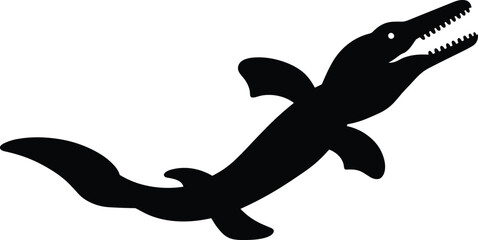 Obraz premium Prehistoric marine reptile silhouette vector illustration, plesiosaur swimming ocean dinosaur design, ancient sea predator, black minimalist wildlife graphic icon logo