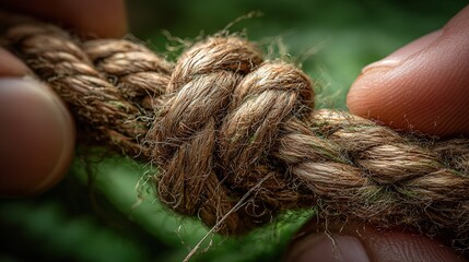 Hands tie a knot in a thick rope while working in a forested area during daylight