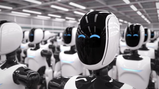Rows of advanced AI-powered humanoid robots standing in an industrial warehouse. Future of AI driven industrial automation, machine learning and AI robotics. 3d animation rendering