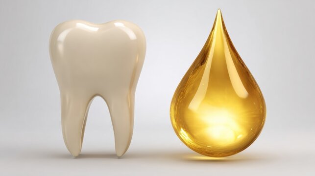 PRF Healing Membrane Displayed Above Tooth Socket, Glowing Golden Droplet Representing Advanced Dental Healing Process
