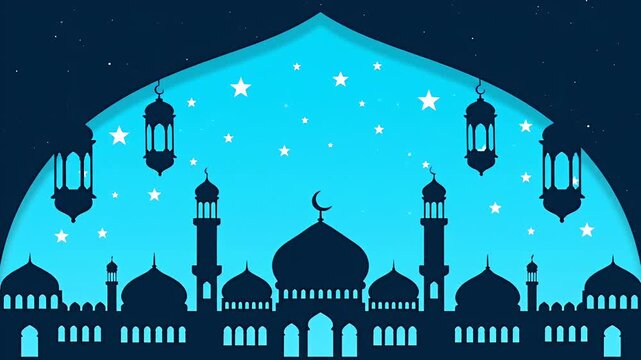 Silhouette of a mosque with lanterns and stars at night in a graphic design.